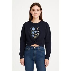 Cut & Paste Black Floral Astrology Planets Cropped Pullover Sweatshirt Medium